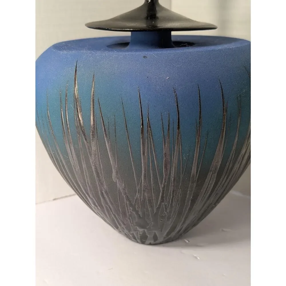 Modernist Studio Art Pottery Lidded Vessel Ombre Blue Sgraffito Grass Tall